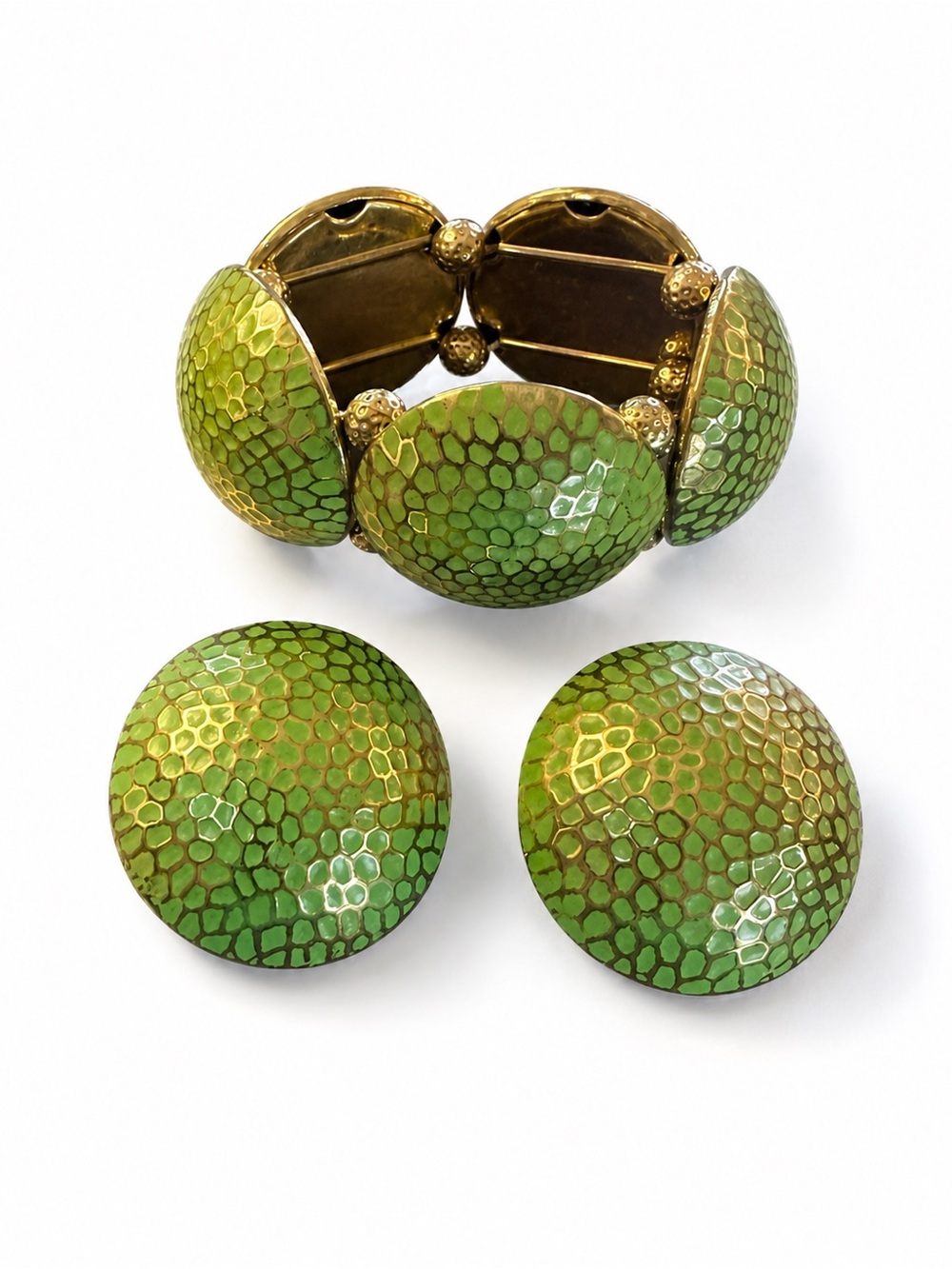 Vintage Green & Gold Statement Jewelry Set Oversized Dome Earrings Stretch